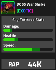 BOSS War Shrike Military Tycoon Exotic Sky Fortress card with RAP 44K