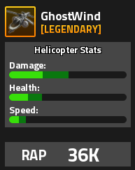 GhostWind Military Tycoon Legendary helicopter card with RAP 36K
