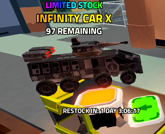 Infinity Car X Limited Stock vehicle in Military Tycoon with 97 remaining and a restock countdown in the supplied screenshot